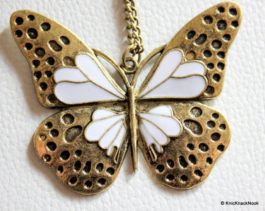 1 x Retro Bronze Tone White Butterfly Pendant 6cm x 5cm